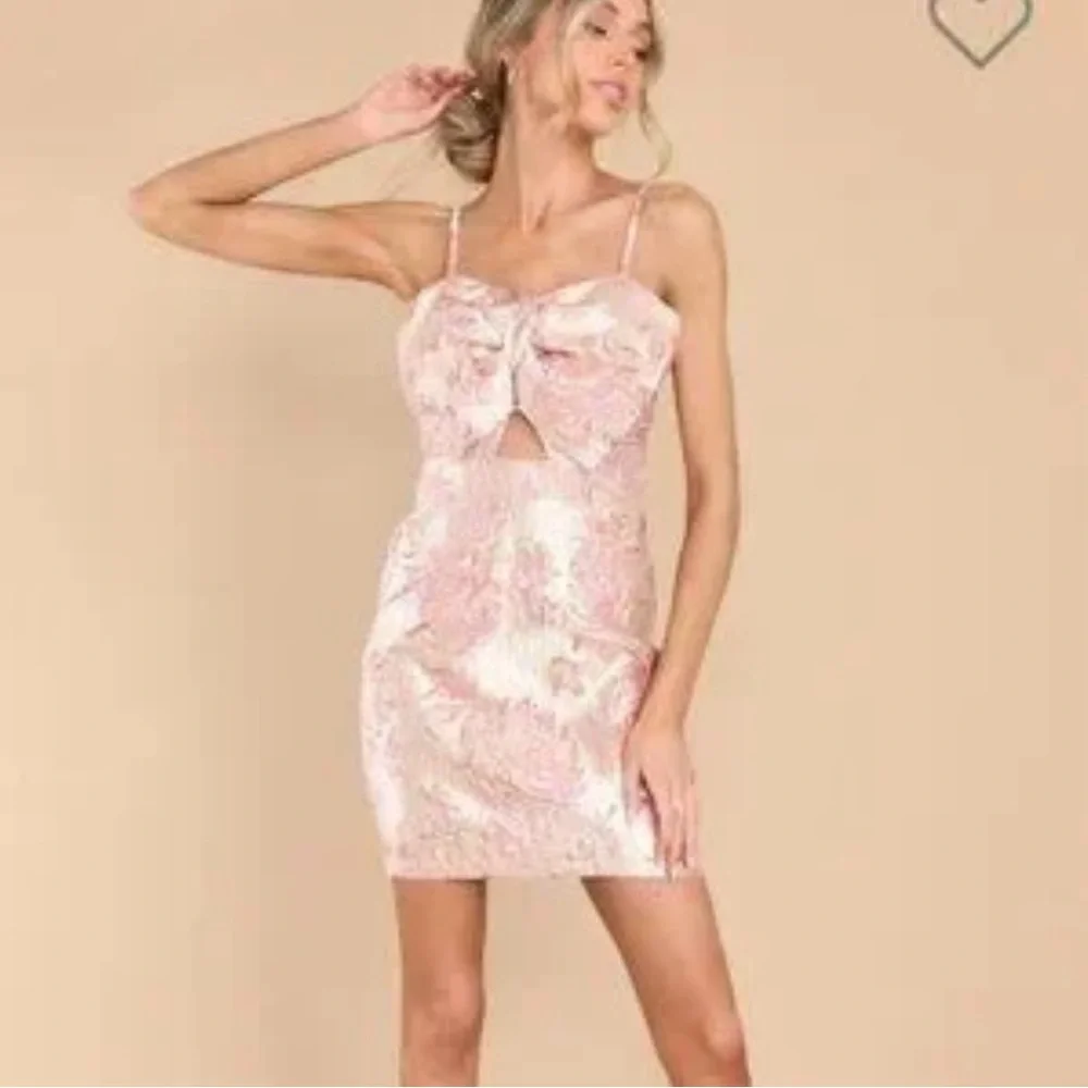 NWOT Aura Women’s Rose Gold and Pink Textured Exaggerated Bow mini dress